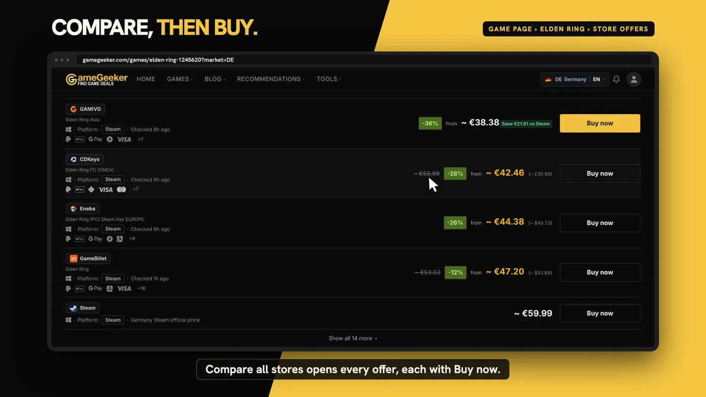 Store offers list with Buy now buttons