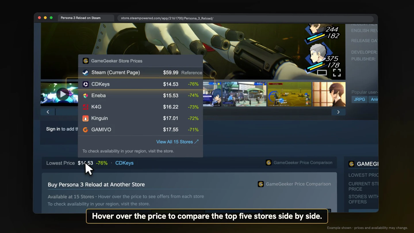 Top five store prices shown in the extension comparison