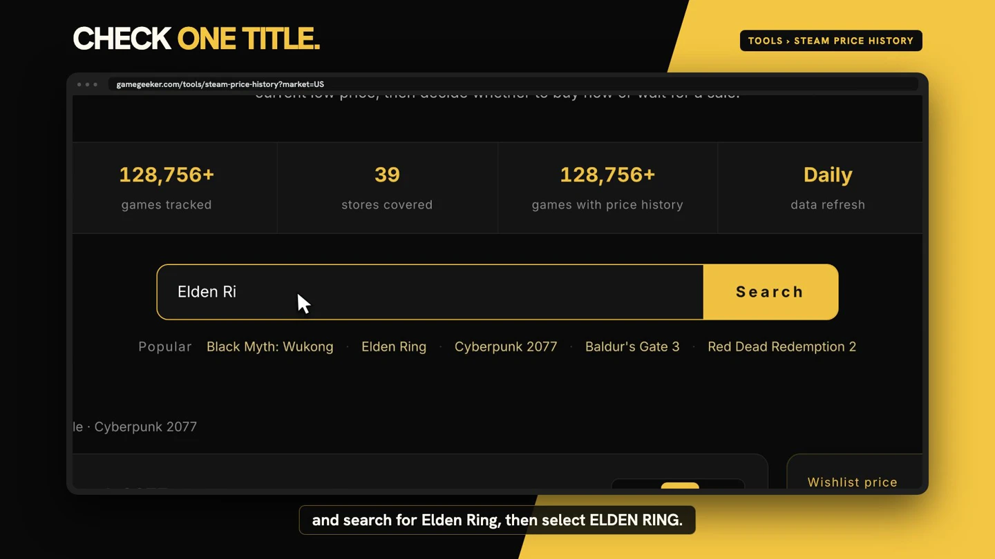 Elden Ring selected in Steam Price History search results