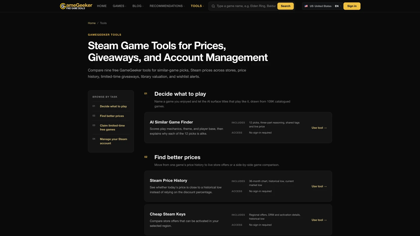 GameGeeker Tools hub with similar-game, better-price, and free-game tasks