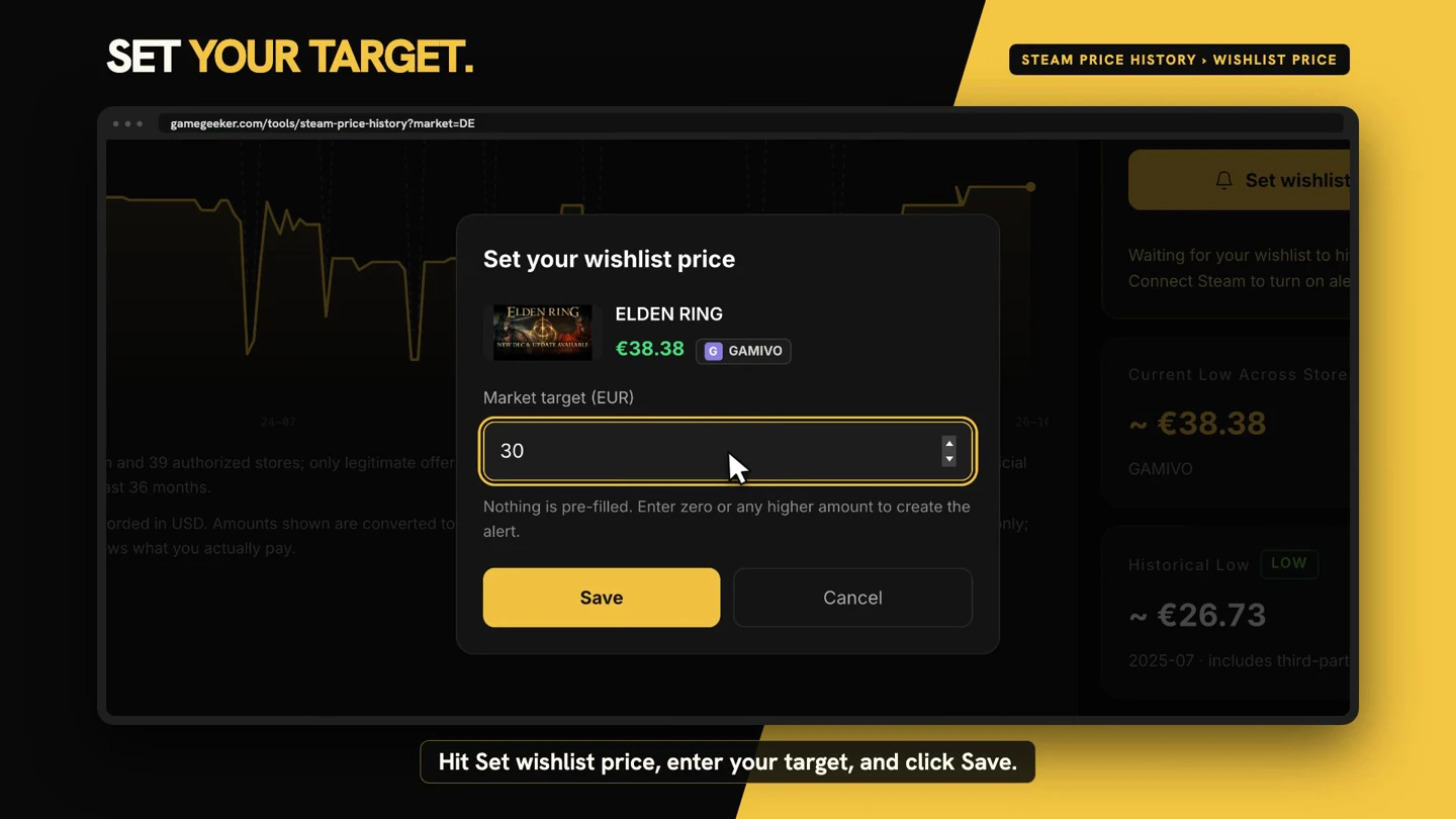 Wishlist target price field with Save button
